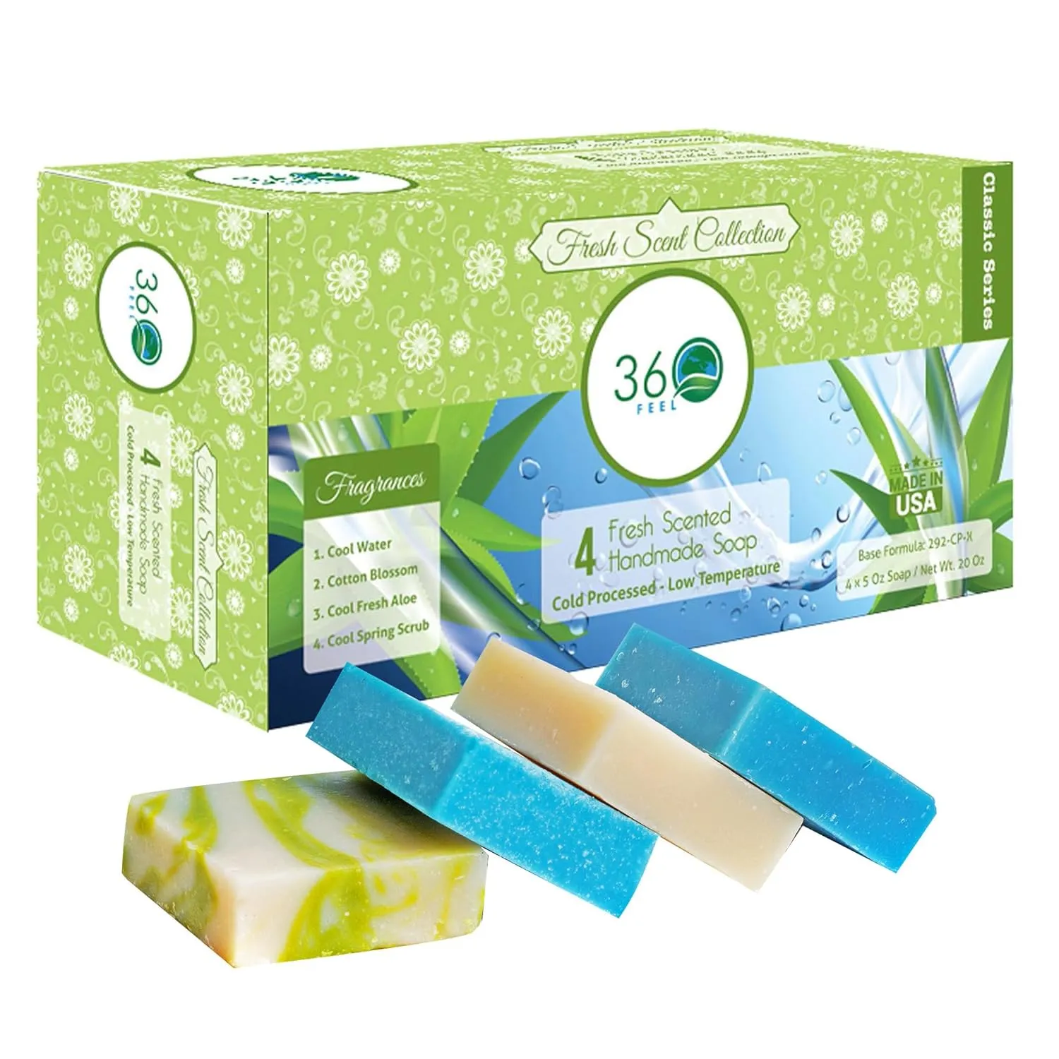 360Feel Fresh Handmade Soap Gift Set - Nourishing and Hydrating Set of Bar Soap - Infused with Four Refreshing Scents Aloe Vera, Cotton Blossom, Spring Scrub, and Cool Water - Set of 4