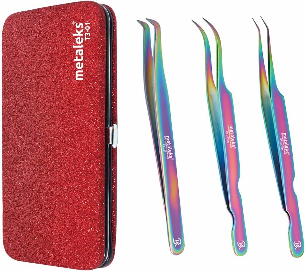 3 Pcs Russian Volume Japanese Stainless Steel Tweezers for Eyelash Extension (Multi Titanium Coated.)