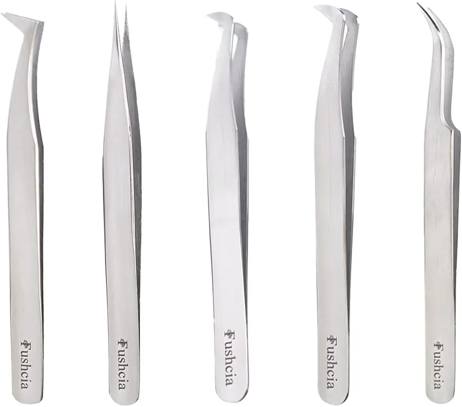 5 Pcs Stainless Steel Lash Tweezers - Eyelash Extension Tweezers for Removing Ingrown Facial Hair – Straight Curved Shape Ingrown Hair Tweezers Set – Eyelash Applicator Tool