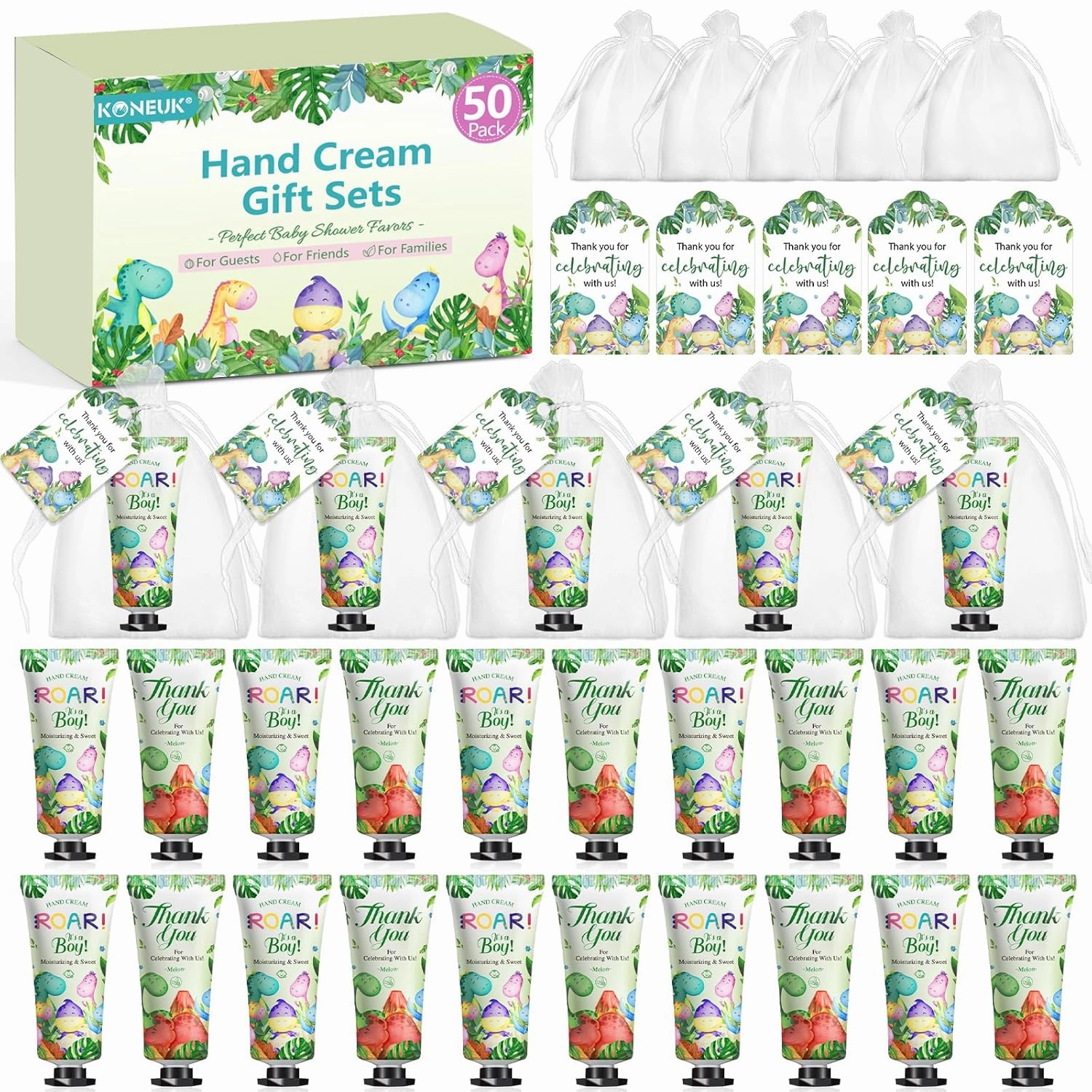 50 Pack Bulk Hand Cream Gifts Sets, Baby Shower Favors and Wedding Welcome Bag Stuffers for Guests with Thank You Card and Organza Gift Bags, Appreciation Gifts, Bridal Shower Favors (Dinosaur)