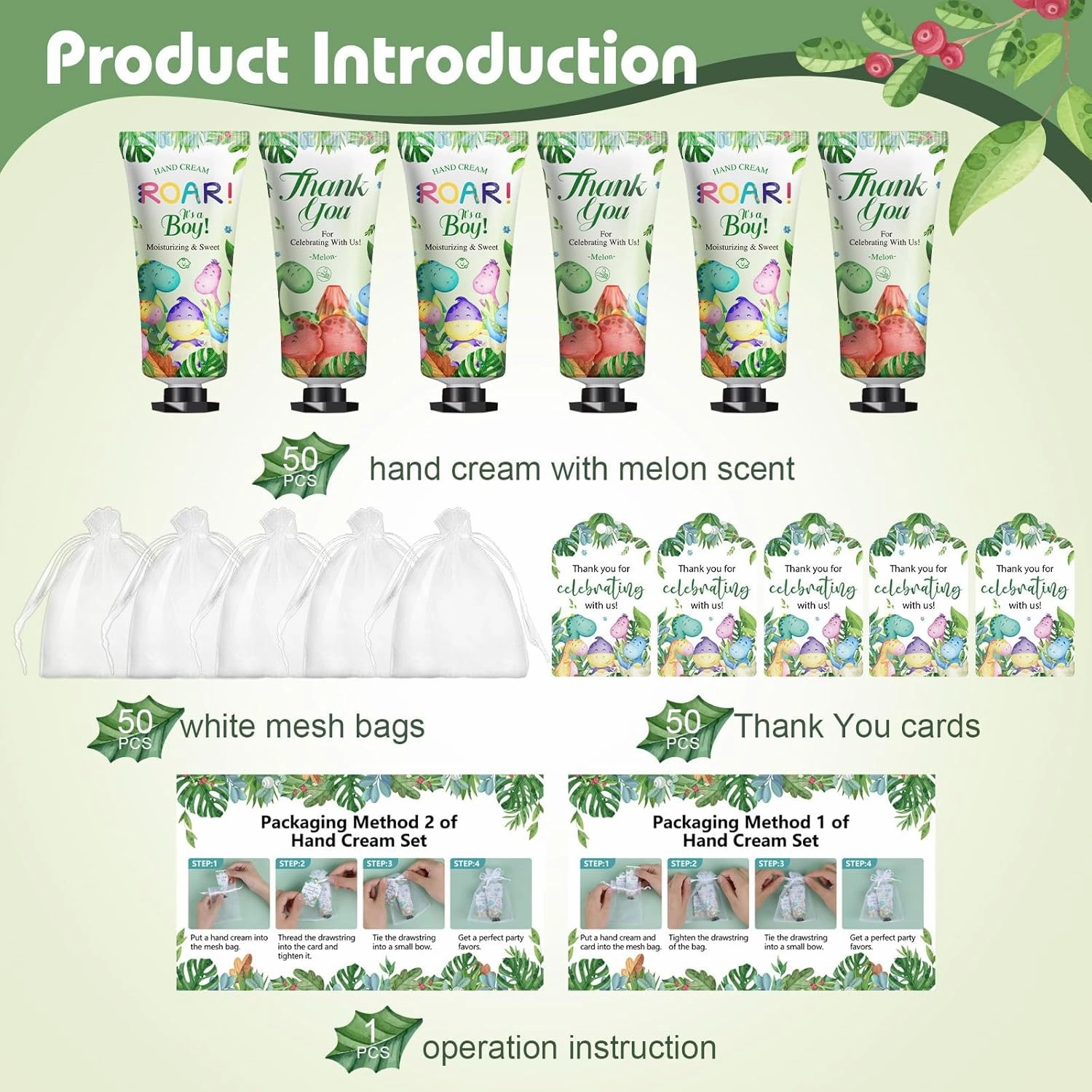 50 Pack Bulk Hand Cream Gifts Sets, Baby Shower Favors and Wedding Welcome Bag Stuffers for Guests with Thank You Card and Organza Gift Bags, Appreciation Gifts, Bridal Shower Favors (Dinosaur)