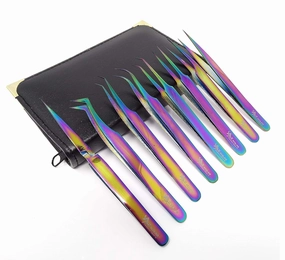 8 pcs Multi Rainbow Color Premium Quality Assorted 3D 5D 6D Volume False Eyelash Extension Applicator Tweezers Straight and Curved