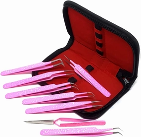 8 Pcs Professional Eyelash Tweezers Kit Sharp, Stainless Steel, Tweezers Precision Pluckers 4.75" Precision Tips for Facial Hair, Splinter and Ingrown Hair Removal Used by Women & Men PINK
