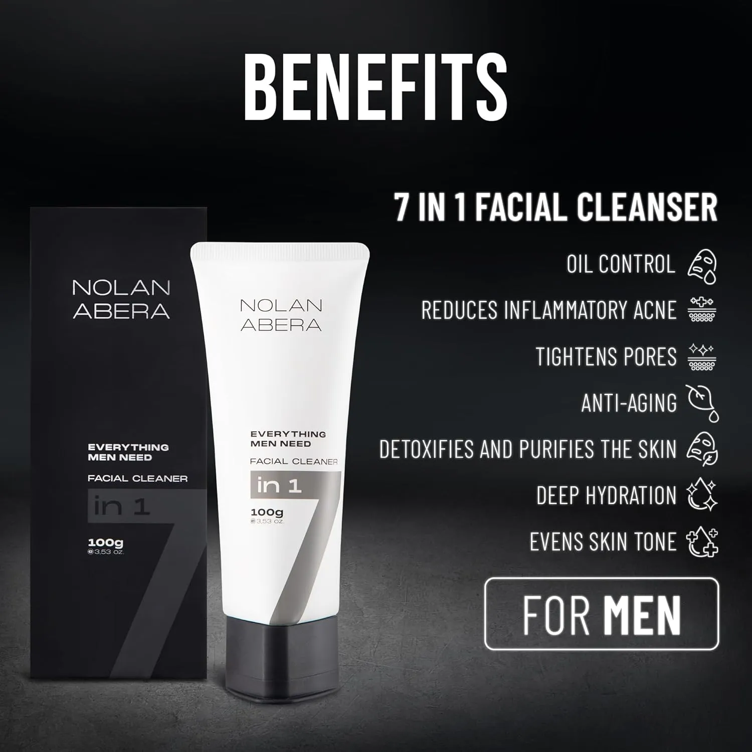 ABERA Nolan Daily Facial Cleanser for Men - Oil Control & Deep Cleansing, 3.53oz