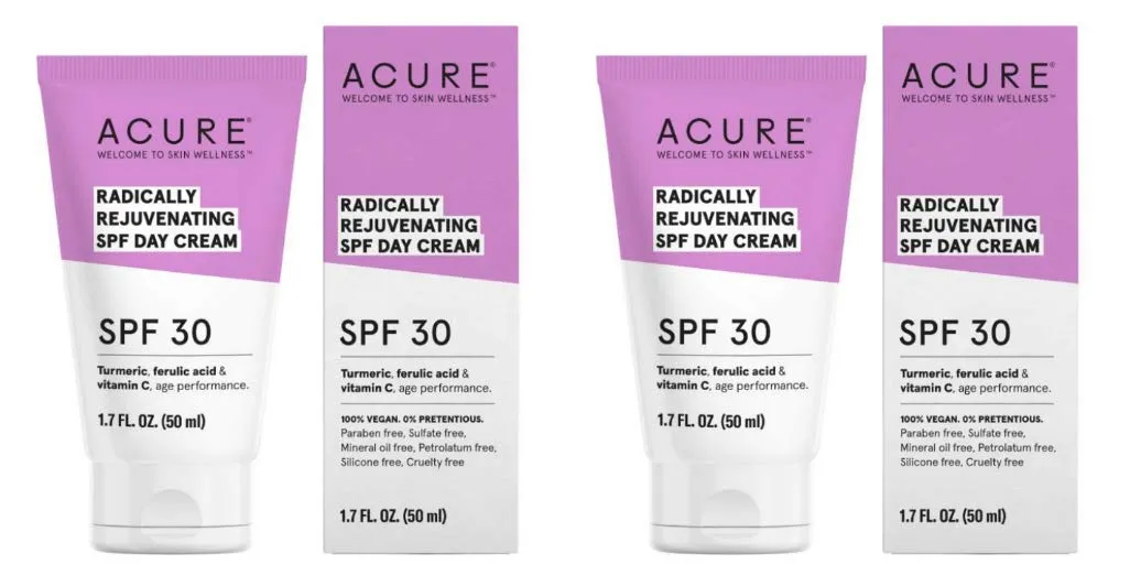 Acure Organics Radically Rejuvenating SPF 30 Day Cream (Pack of 2) With Aloe Vera, Argan, Vitamin C, Shea Butter, Coconut Oil, Turmeric Root and Blue Tansy Flower, 1.7 fl. oz. each