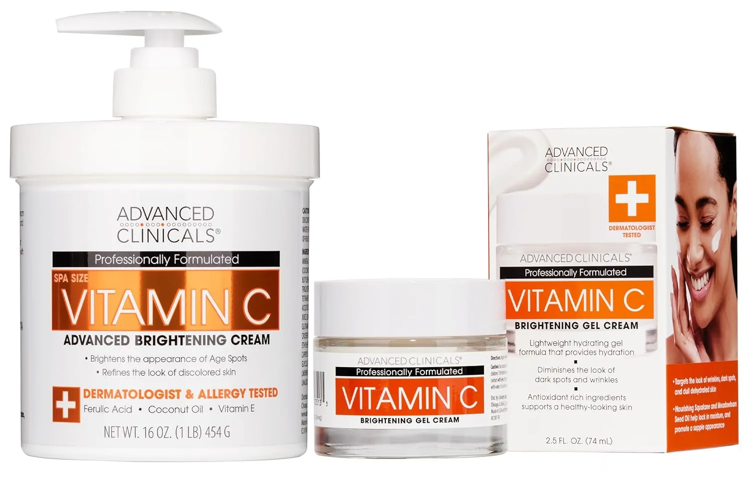 Advanced Clinicals Brightening Vitamin C Body Cream   Potent Vitamin C Face Moisturizer Gel Cream 2pc Skincare Set For Women & Men To Diminish Appearance Of Dark Spots, Wrinkles, & Dry Skin, 2pc Set