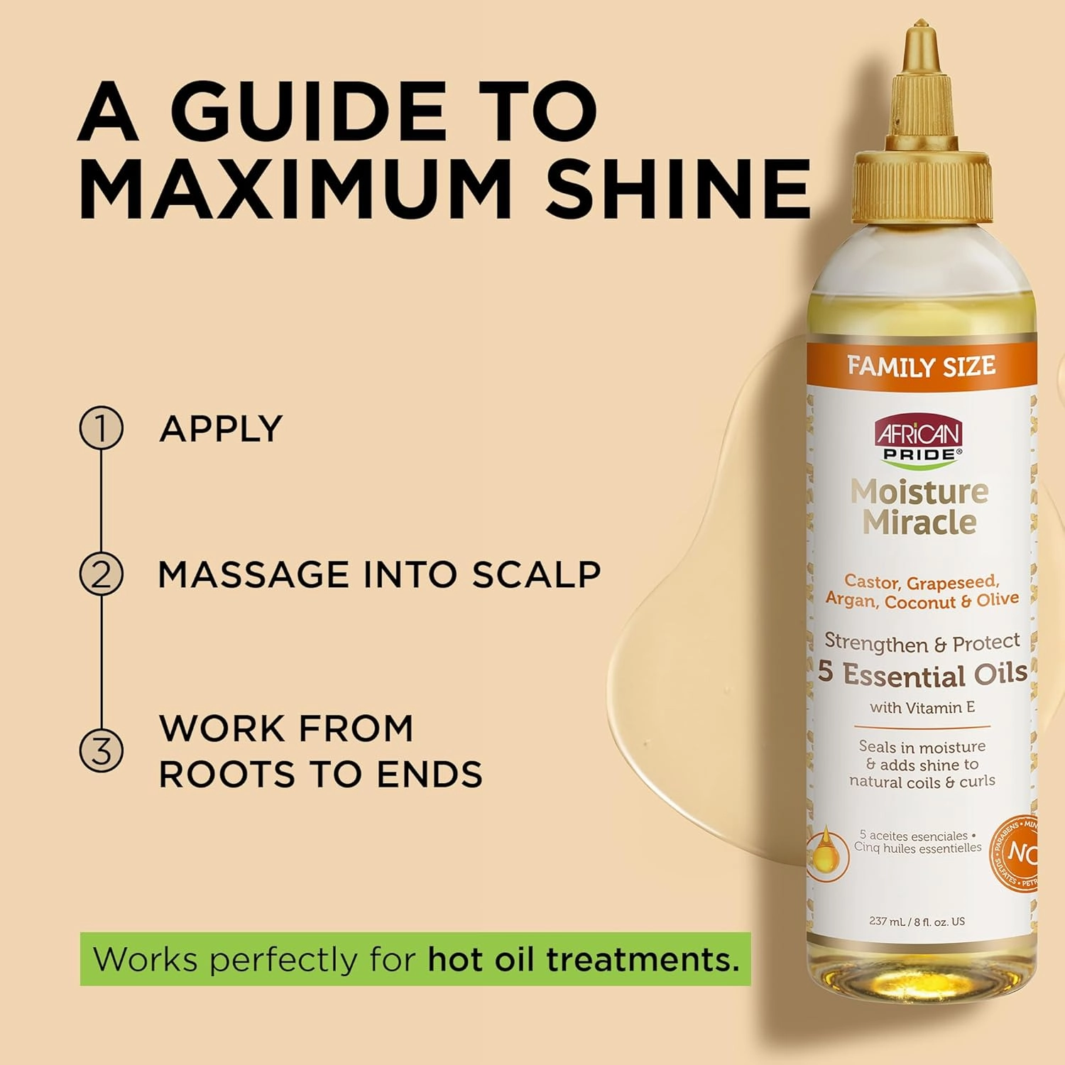 African Pride Moisture Miracle 5 Essential Hair Oils with Vitamin E (3 Pack) | Moisture, Shine, Protection, and Growth | Argan, Castor, Grapeseed, Coconut, and Olive Oil | 8 oz