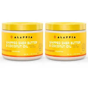 Alaffia Whipped Shea Butter & Coconut Oil, Skin Care and Hair Care, Nourishing Moisturizer Improves Elasticity and Repairs with Vitamin E, Unscented, 2 Pack - 4 Oz Ea