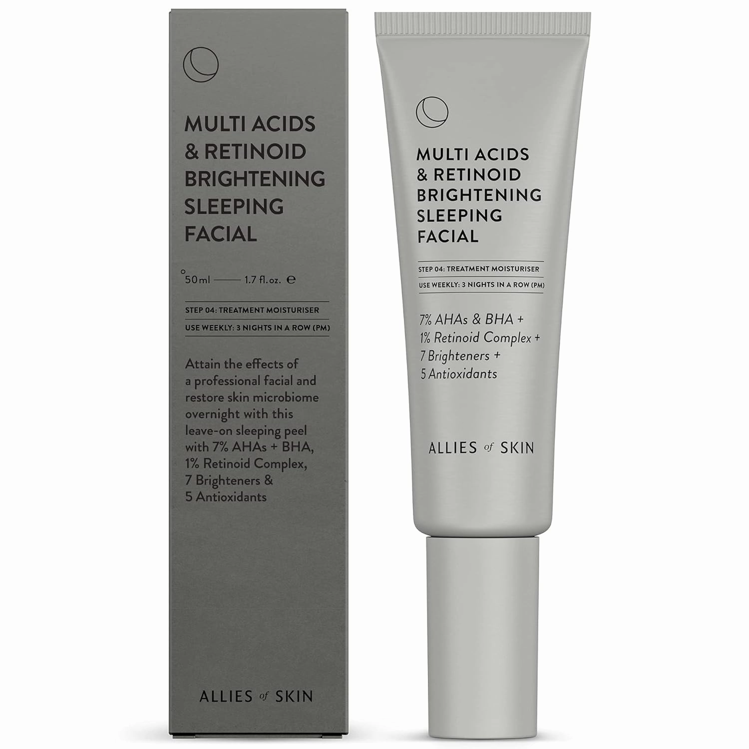 Allies of Skin Multi Acids & Retinoid Brightening Sleeping Facial: Glycolic   Lactic   Salicylic Acid, Hyaluronic Acid, Niacinamide, 1% Retinoid Complex. Overnight Sleeping Peel. 1.7 oz / 50 ml