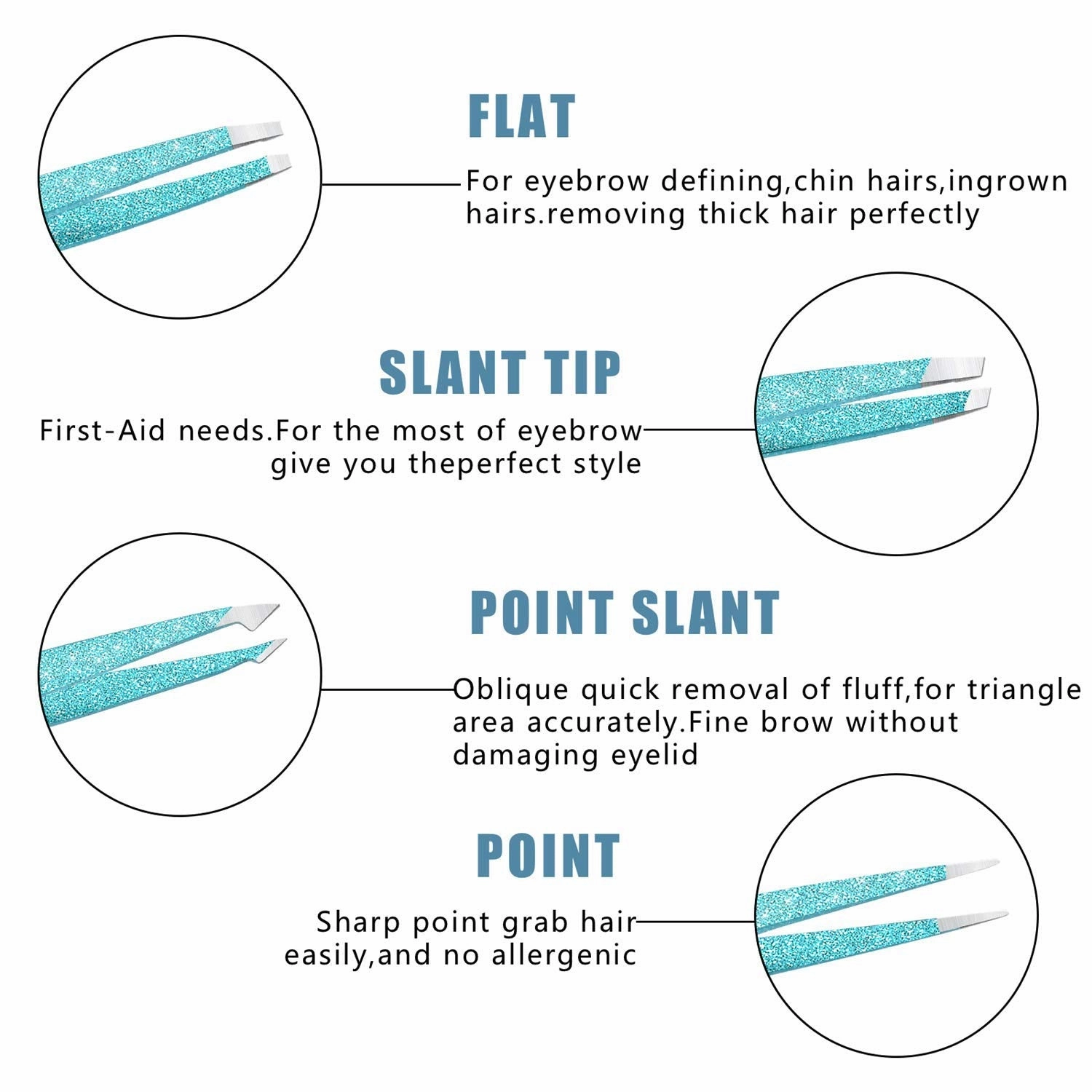 Amytor Eyebrow Tweezer Set, 4 Pcs Professional Stainless Steel Tweezers for Women, Precision Tweezer for Facial Hair, Splinter and Ingrown Hair Removal（Cyan）