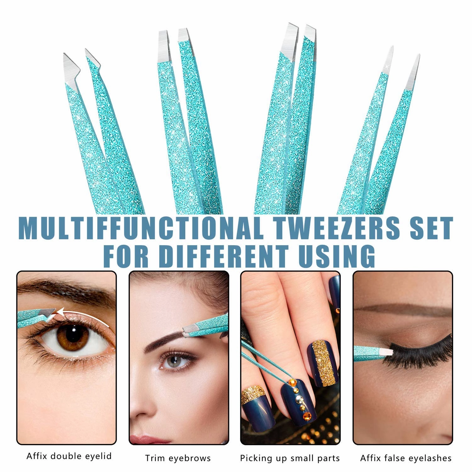 Amytor Eyebrow Tweezer Set, 4 Pcs Professional Stainless Steel Tweezers for Women, Precision Tweezer for Facial Hair, Splinter and Ingrown Hair Removal（Cyan）