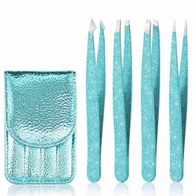 Amytor Eyebrow Tweezer Set, 4 Pcs Professional Stainless Steel Tweezers for Women, Precision Tweezer for Facial Hair, Splinter and Ingrown Hair Removal（Cyan）