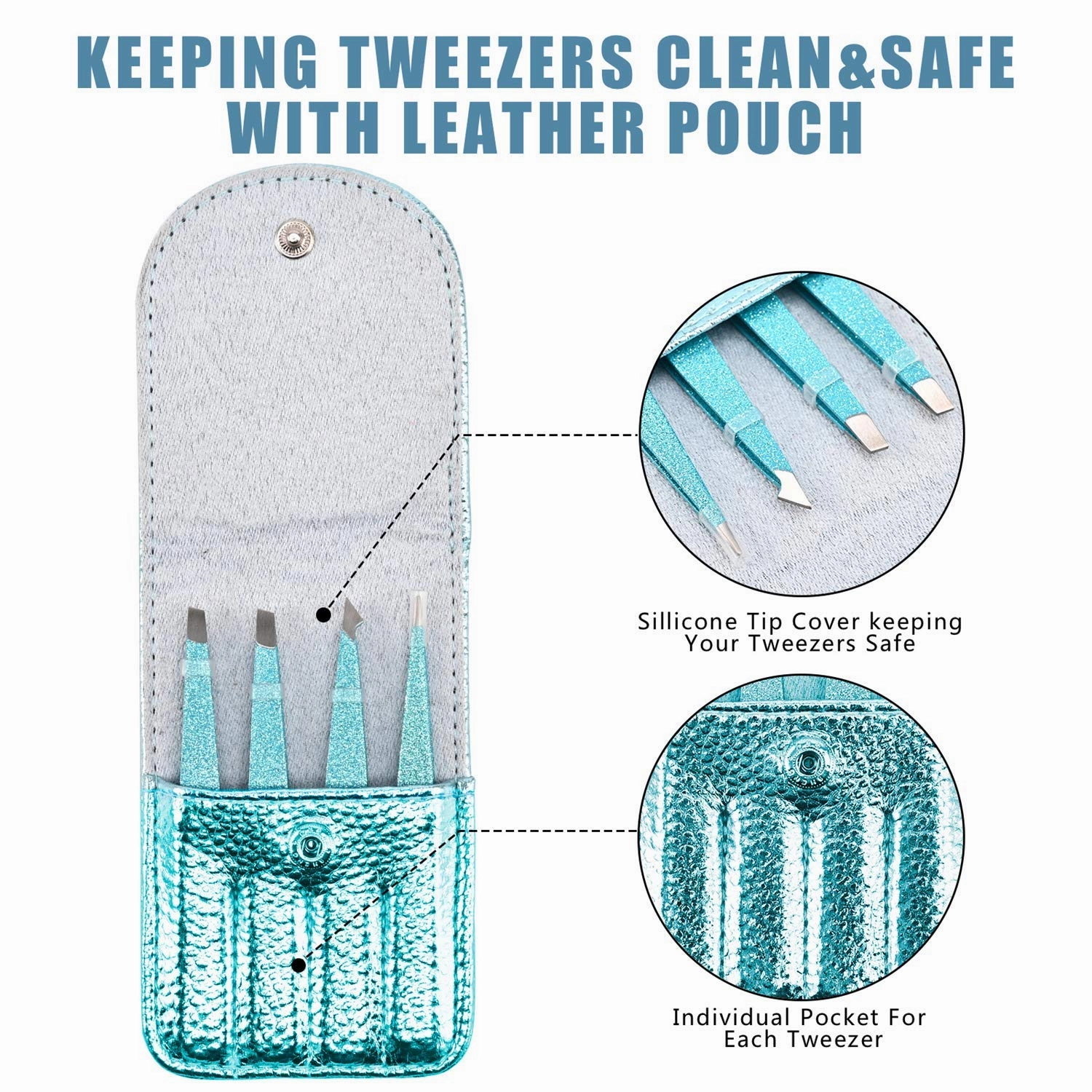 Amytor Eyebrow Tweezer Set, 4 Pcs Professional Stainless Steel Tweezers for Women, Precision Tweezer for Facial Hair, Splinter and Ingrown Hair Removal（Cyan）
