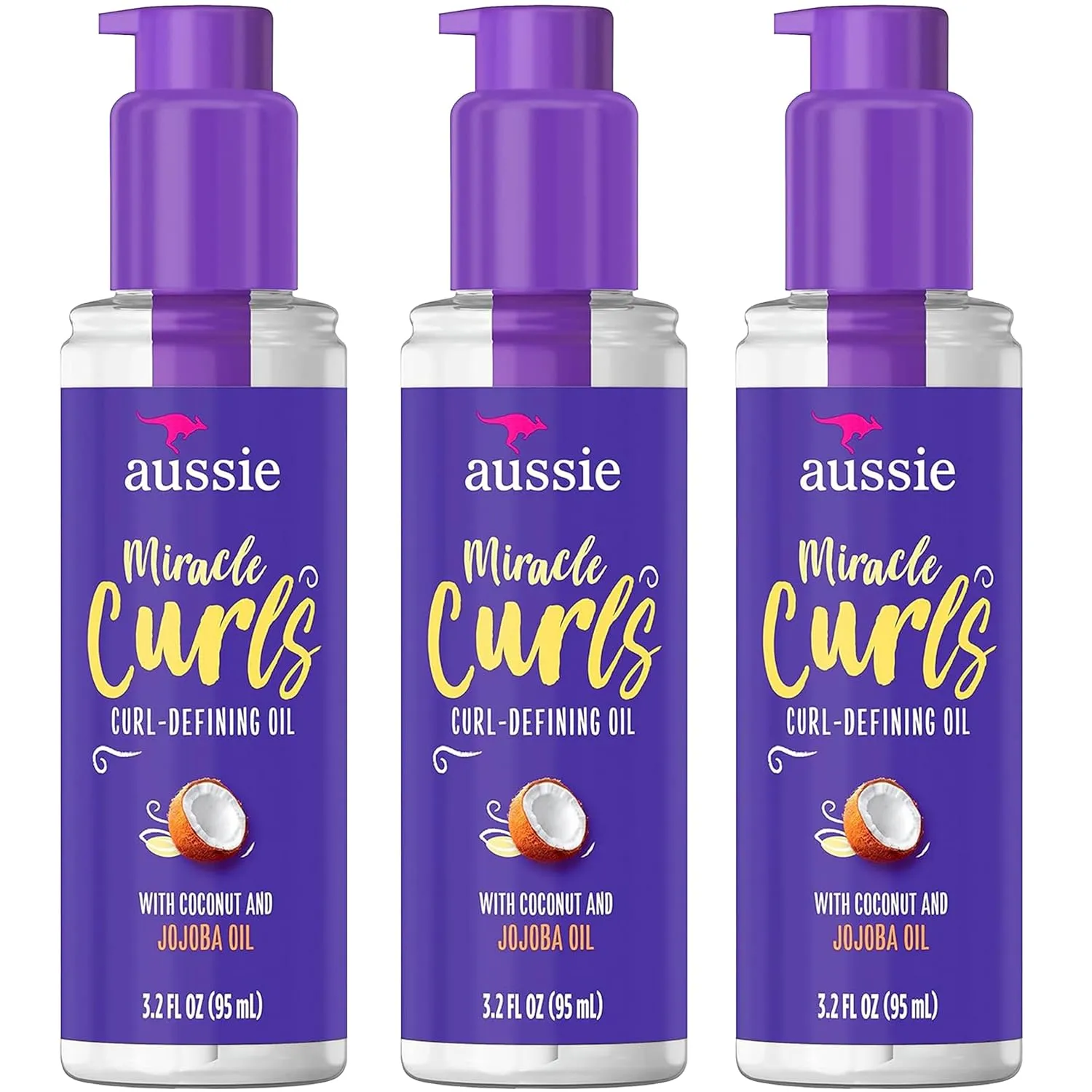 Aussie Miracle Curls Defining Oil Hair Treatment, 3 Pack, Coconut and Australian Jojoba Oil, For Dry, Curly, Kinky and Wavy Hair, Reduce Frizz and Add Shine, Paraben Free Formula, 3.2 oz Each