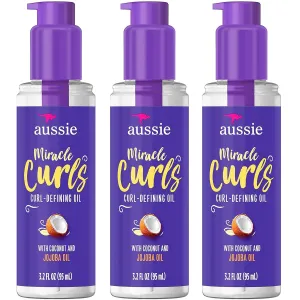 Aussie Miracle Curls Defining Oil Hair Treatment, 3 Pack, Coconut and Australian Jojoba Oil, For Dry, Curly, Kinky and Wavy Hair, Reduce Frizz and Add Shine, Paraben Free Formula, 3.2 oz Each