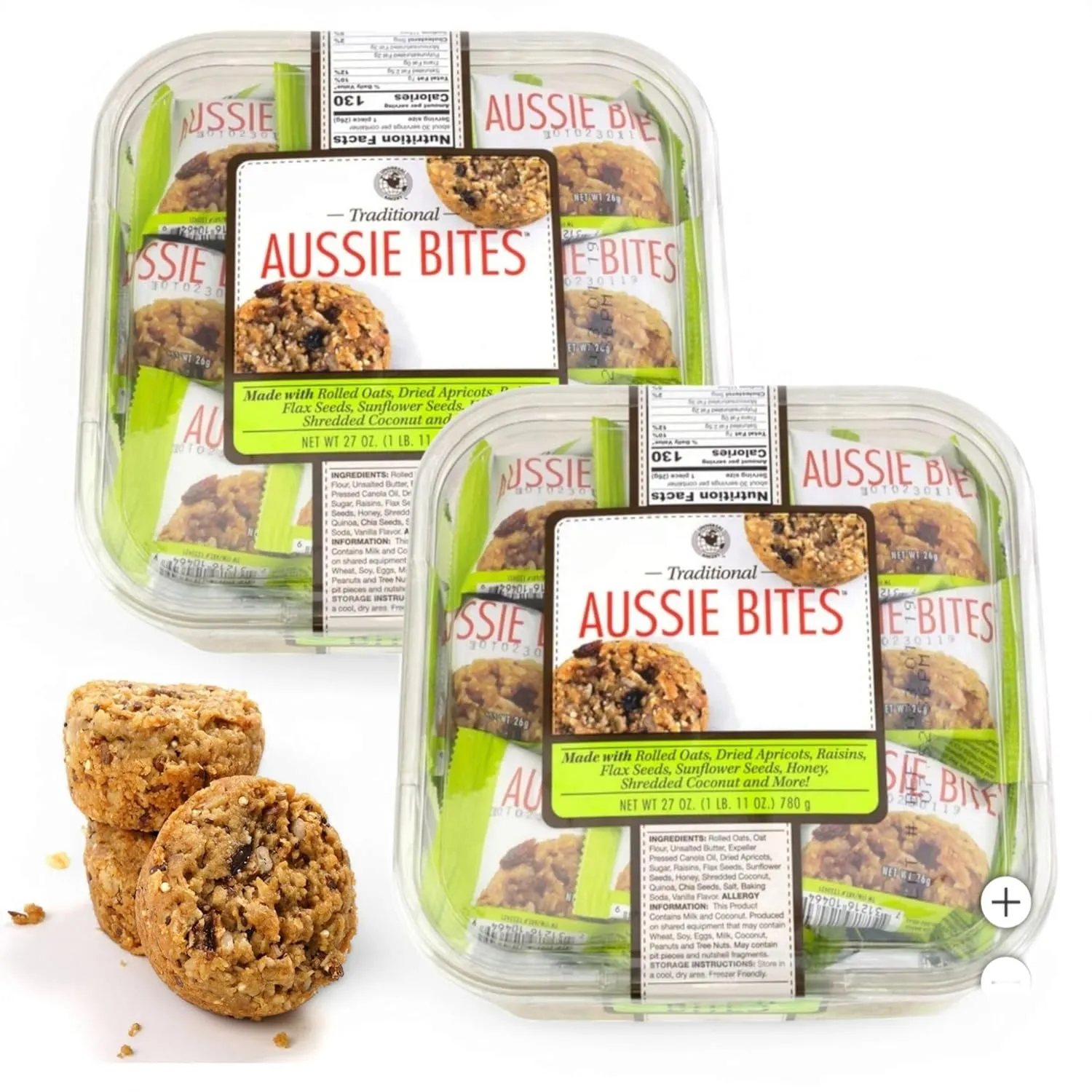 Aussie's Bites – 27 oz (2 Pack) – Made with Rolled Oats, Dried Apricots, Raisins, Flax & Sunflower Seeds, Coconut & Honey – Individually Wrapped Bites. Custom Bundled by MOOCHI