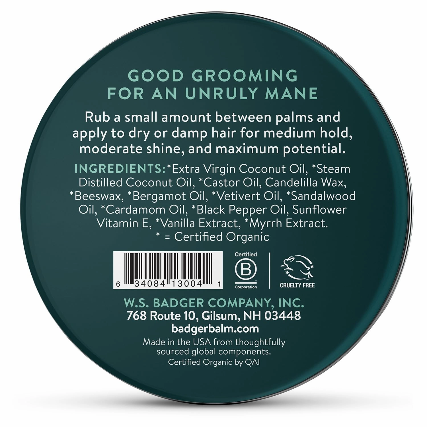 Badger Hair Pomade for Men, Organic, Easy to Use, Subtle Masculine Scent, Medium Hold Hair Pomade with Medium Shine Finish, Nourishes Hair & Scalp 2 oz Tin