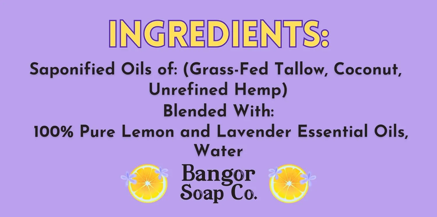 Bangor Soap Co.'s SWEET LEMON LAVENDER Pure, Natural Soap Bars, The FINEST Tallow, Coconut, and Hemp, NOTHING Artificial, NOTHING Superficial for A Smooth, Nourishing Lather (3-Pack)