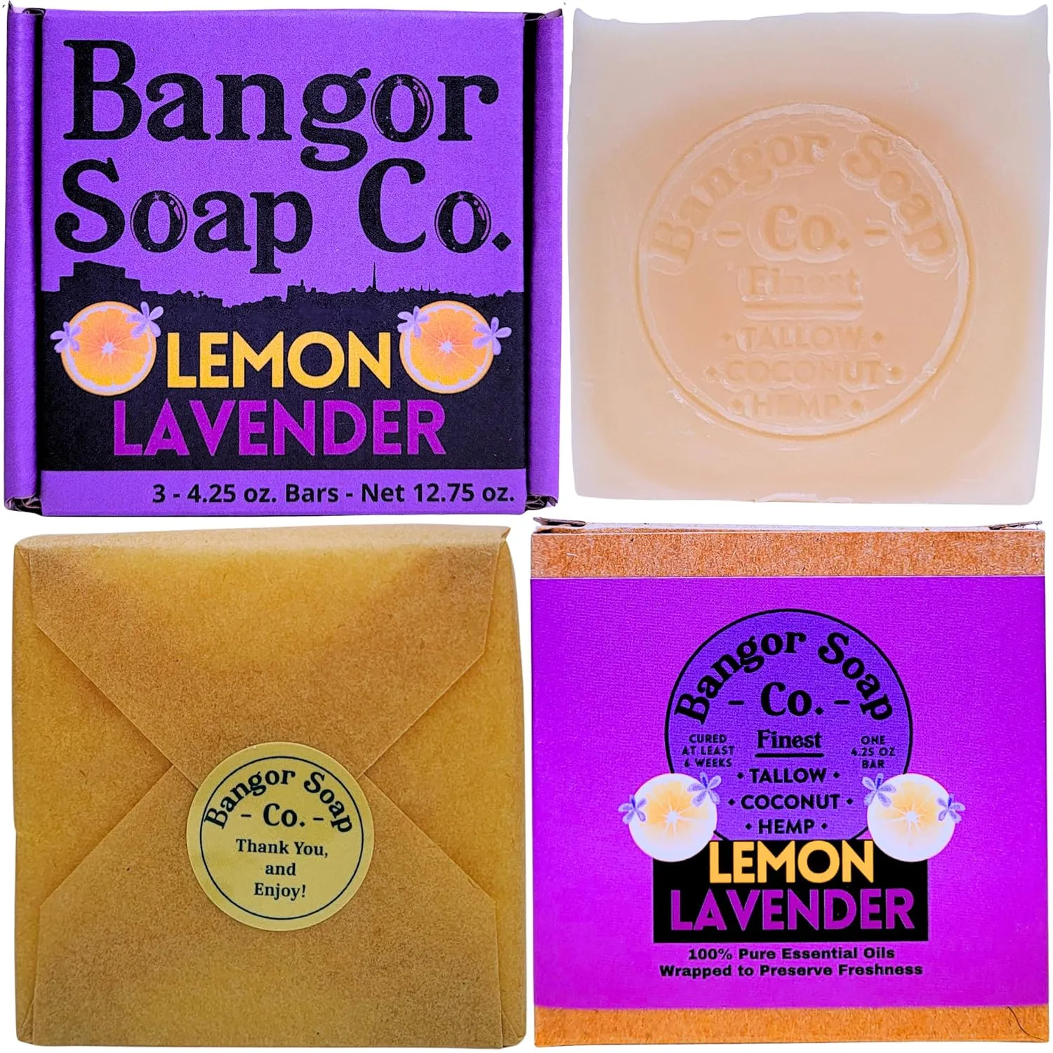 Bangor Soap Co.'s SWEET LEMON LAVENDER Pure, Natural Soap Bars, The FINEST Tallow, Coconut, and Hemp, NOTHING Artificial, NOTHING Superficial for A Smooth, Nourishing Lather (3-Pack)