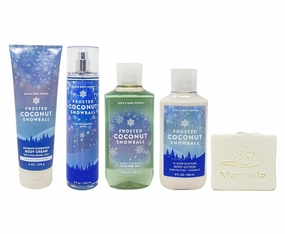 Bath & Body Works Frosted Coconut Snowball Deluxe Bundle - Fragrance Mist - Body Cream - Body Lotion - Shower Gel - with a Natural Oats Bar Soap - Full Size