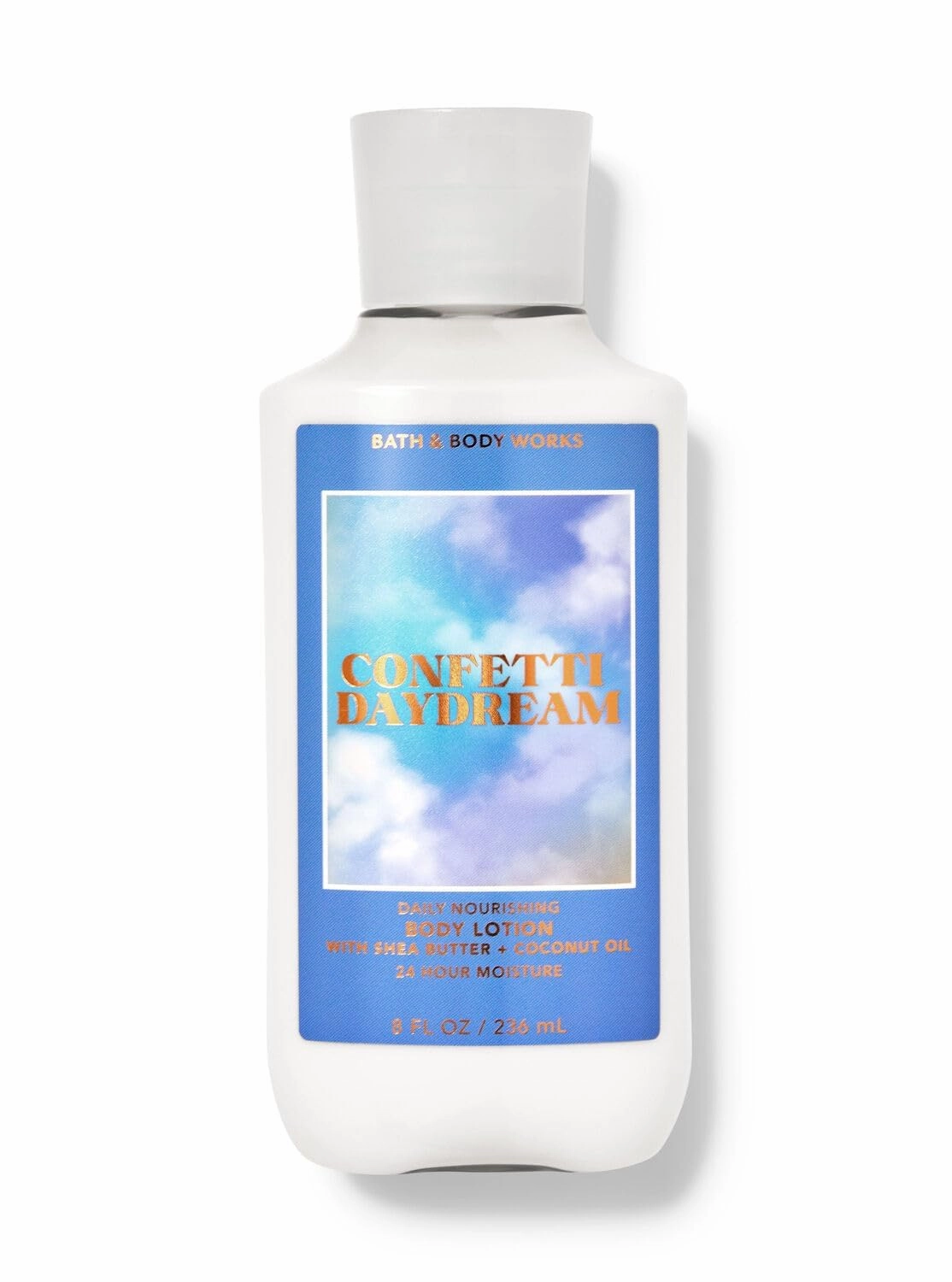 Bath and Body CONFETTI DAYDREAM Daily Nourishing Body Lotion with shea butter   coconut oil 8 fl oz Fragrance notes: fresh raspberries, sparkling pear and blue iris