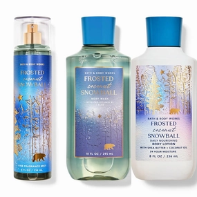 Bath and Body Frosted Coconut Snowball Daily Nourishing Body Lotion Body Wash Fine Fragrance Mist Gift Set of 3 frosted coconut, North Pole vanilla, winter freesia, snow-kissed woods and spun sugar