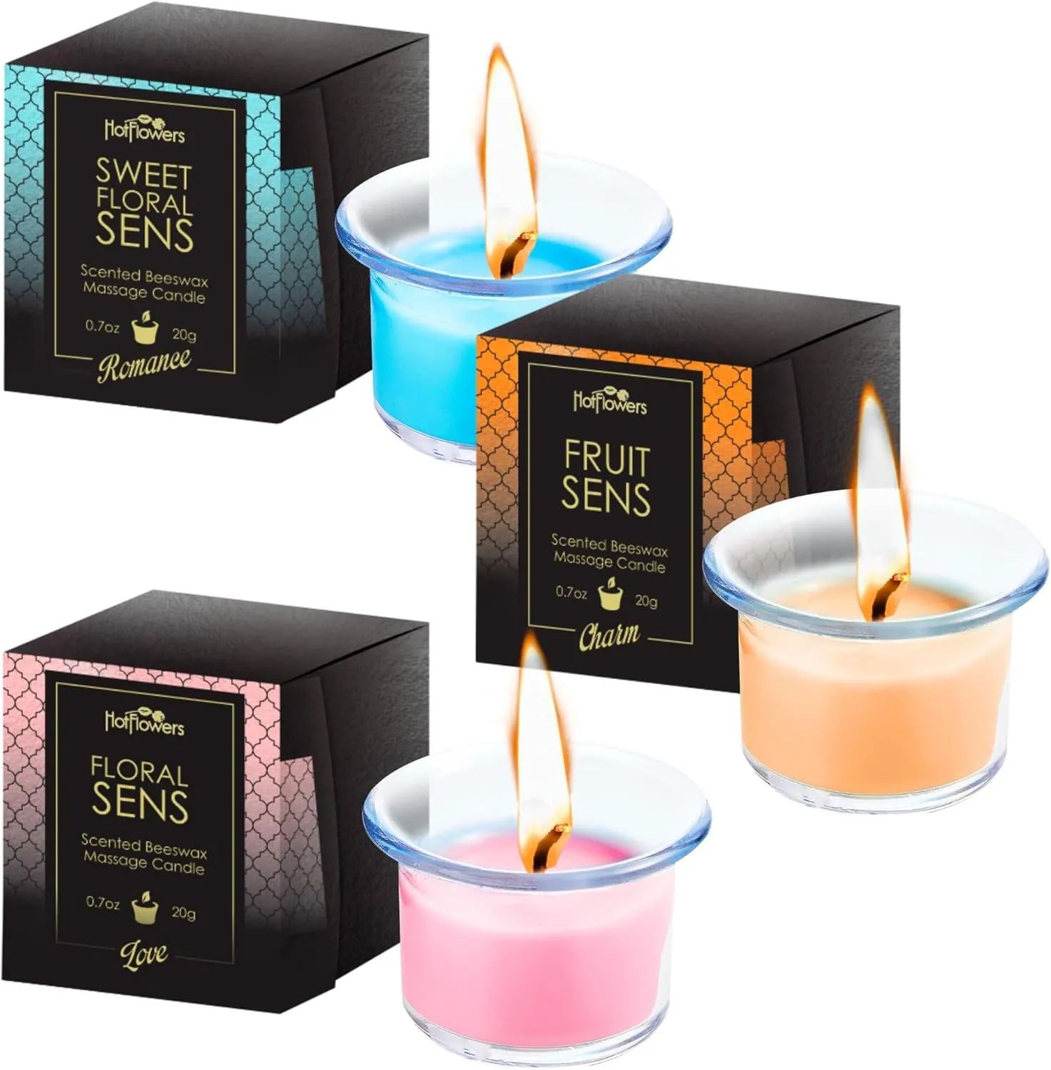 Beeswax Body Scented Massage Candle Set - Low Heat Oil Warmer - Skin Safe Moisturize - Set of Three 0.7 oz Each - Romance Sweet Floral, Charm Fruit, Love Floral