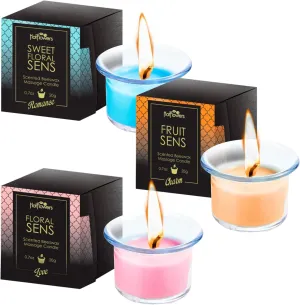 Beeswax Body Scented Massage Candle Set - Low Heat Oil Warmer - Skin Safe Moisturize - Set of Three 0.7 oz Each - Romance Sweet Floral, Charm Fruit, Love Floral