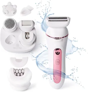 Bella Ciao 10-PC Rechargeable Wet Dry Epilator Kit for Women, Facial Cleansing Brush, Epilators Hair Removal for Women, Callus Remover, Massage Head, Foil Shaver, Facial Hair Removal
