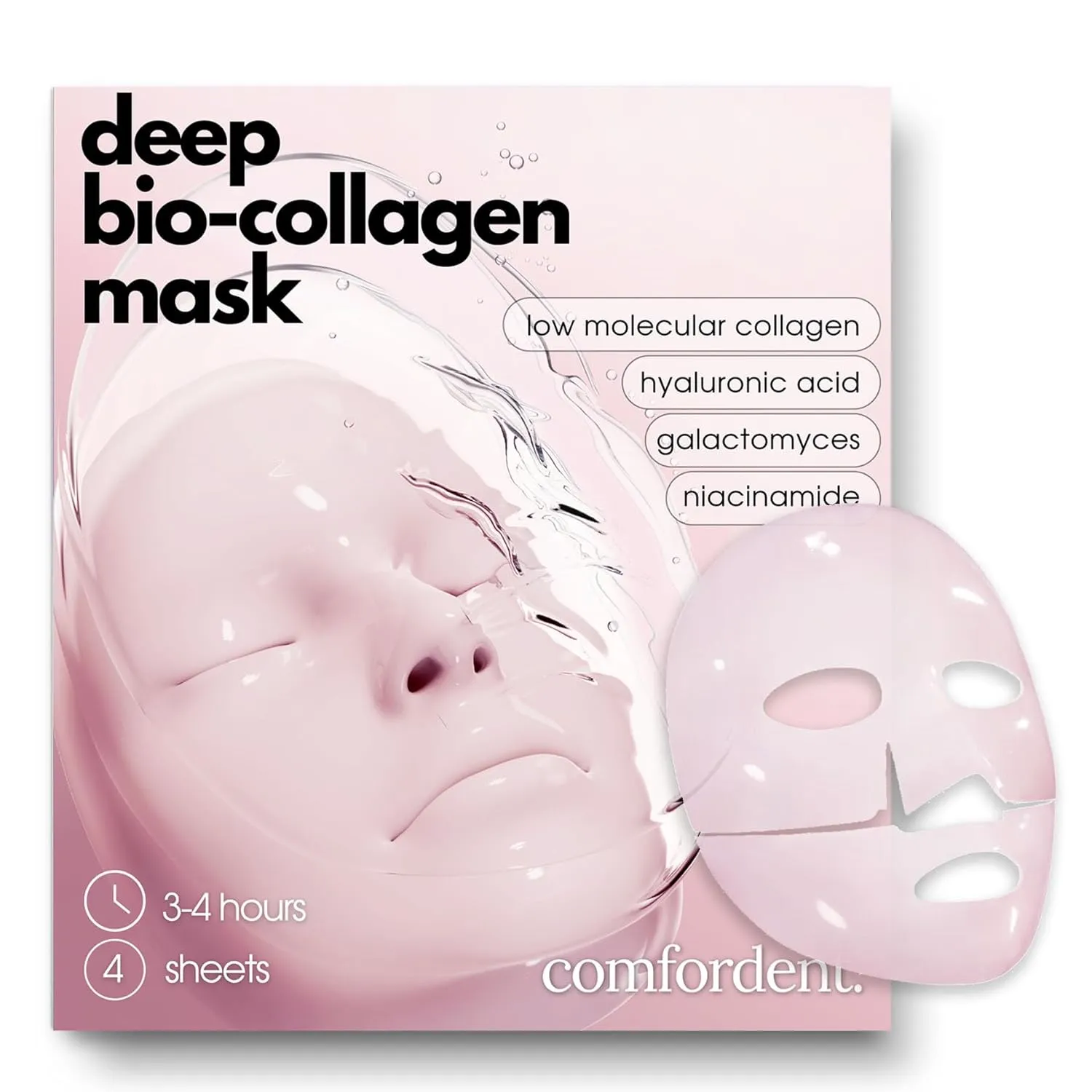 Bio Collagen Intense Hydrogel Melting Face Mask with Hyaluronic Acid, Galactomyces & Niacinamide for Deep Overnight Hydration and Skin Revitalization, 4 Sheet Masks, Pink