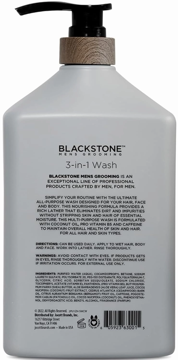 Blackstone 3-in-1 Wash for Men | Cleanse & Condition Hair, Body, & Face | All Skin & Hair Types | Coconut Oil & Vitamin B5 - Sandalwood (32 ounces)