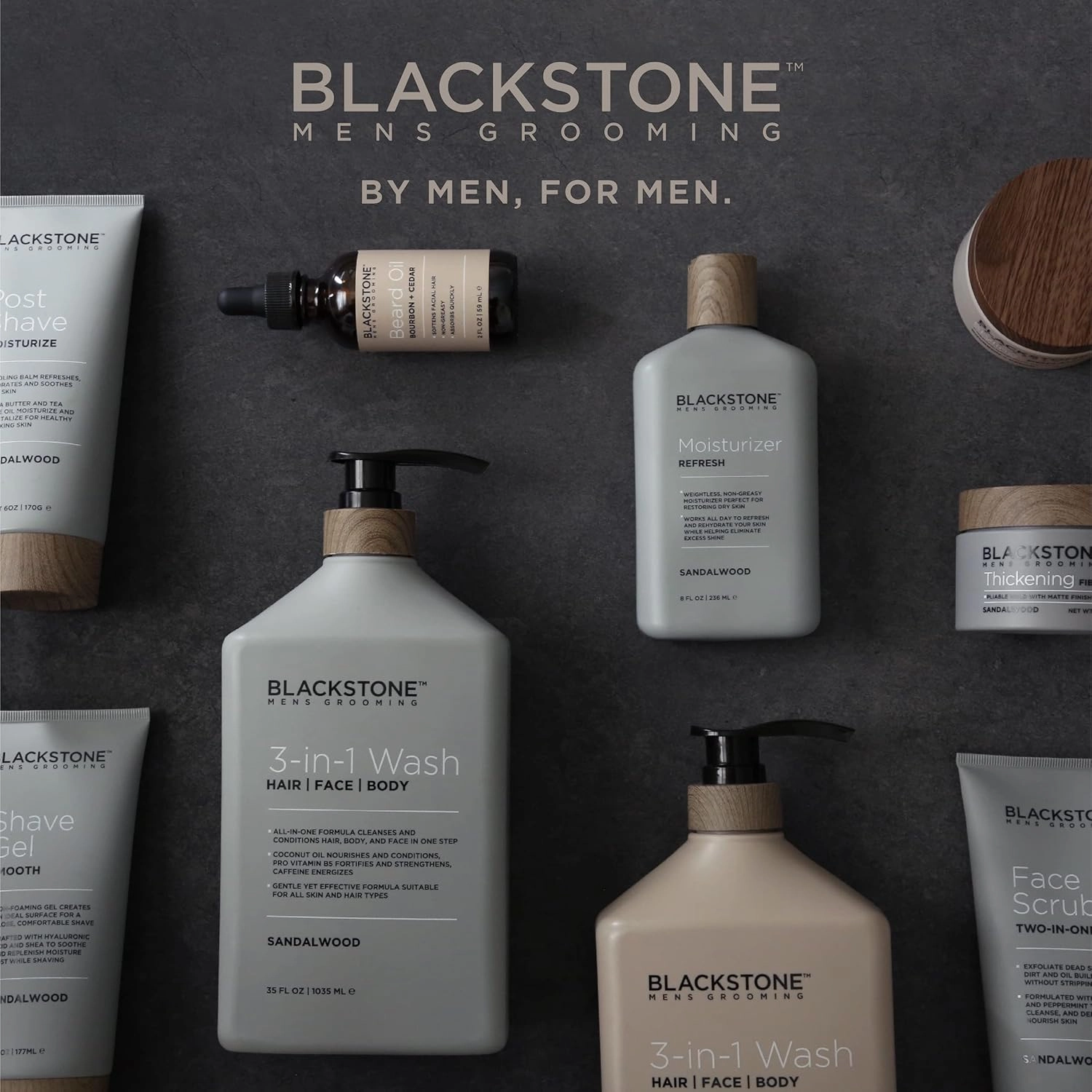 Blackstone 3-in-1 Wash for Men | Cleanse & Condition Hair, Body, & Face | All Skin & Hair Types | Coconut Oil & Vitamin B5 - Sandalwood (32 ounces)