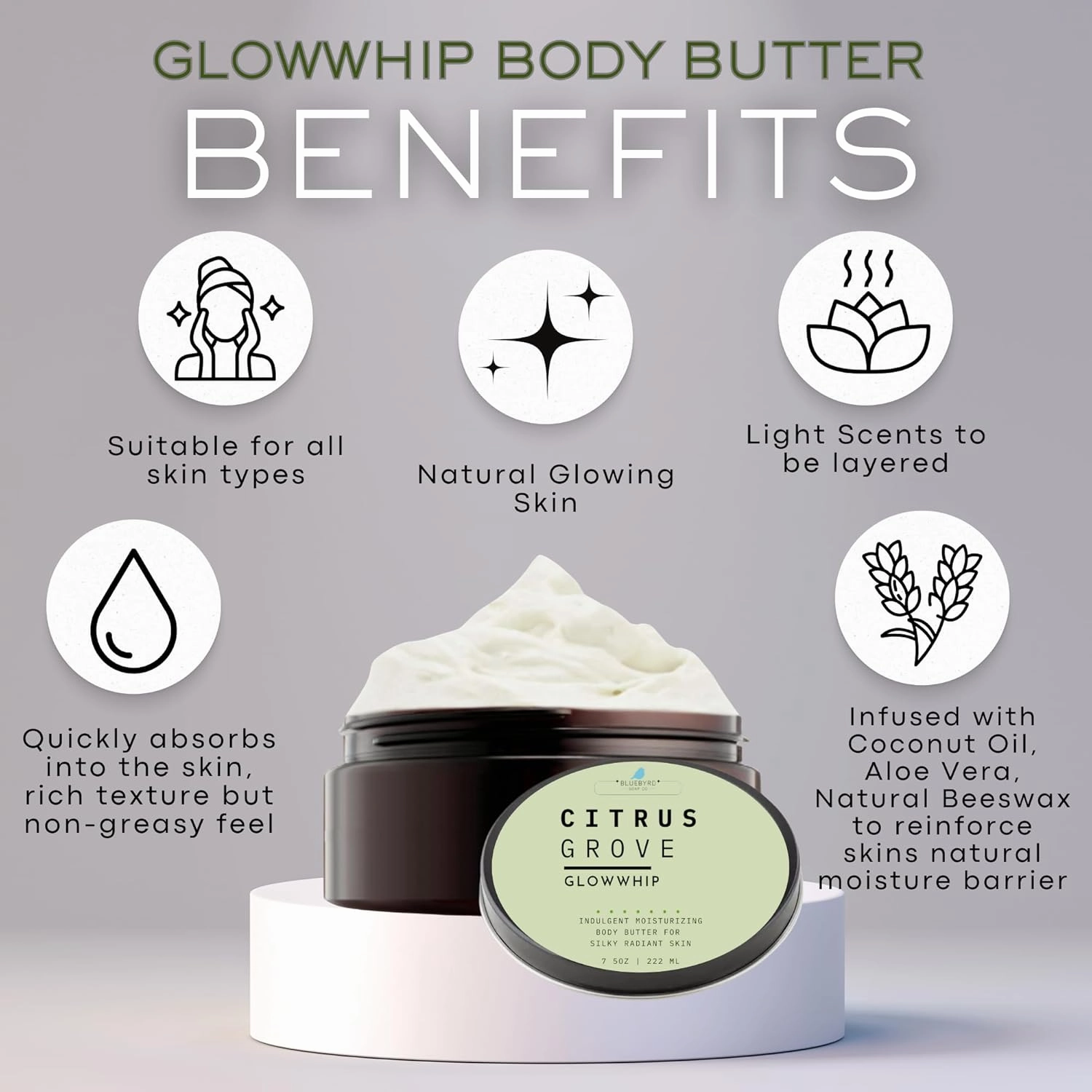 BLUEBYRD Glowwhip Body Butter | Indulgent Moisture for Glowing, Radiant Skin | Moisturizing 8oz Jar (Tobacco)