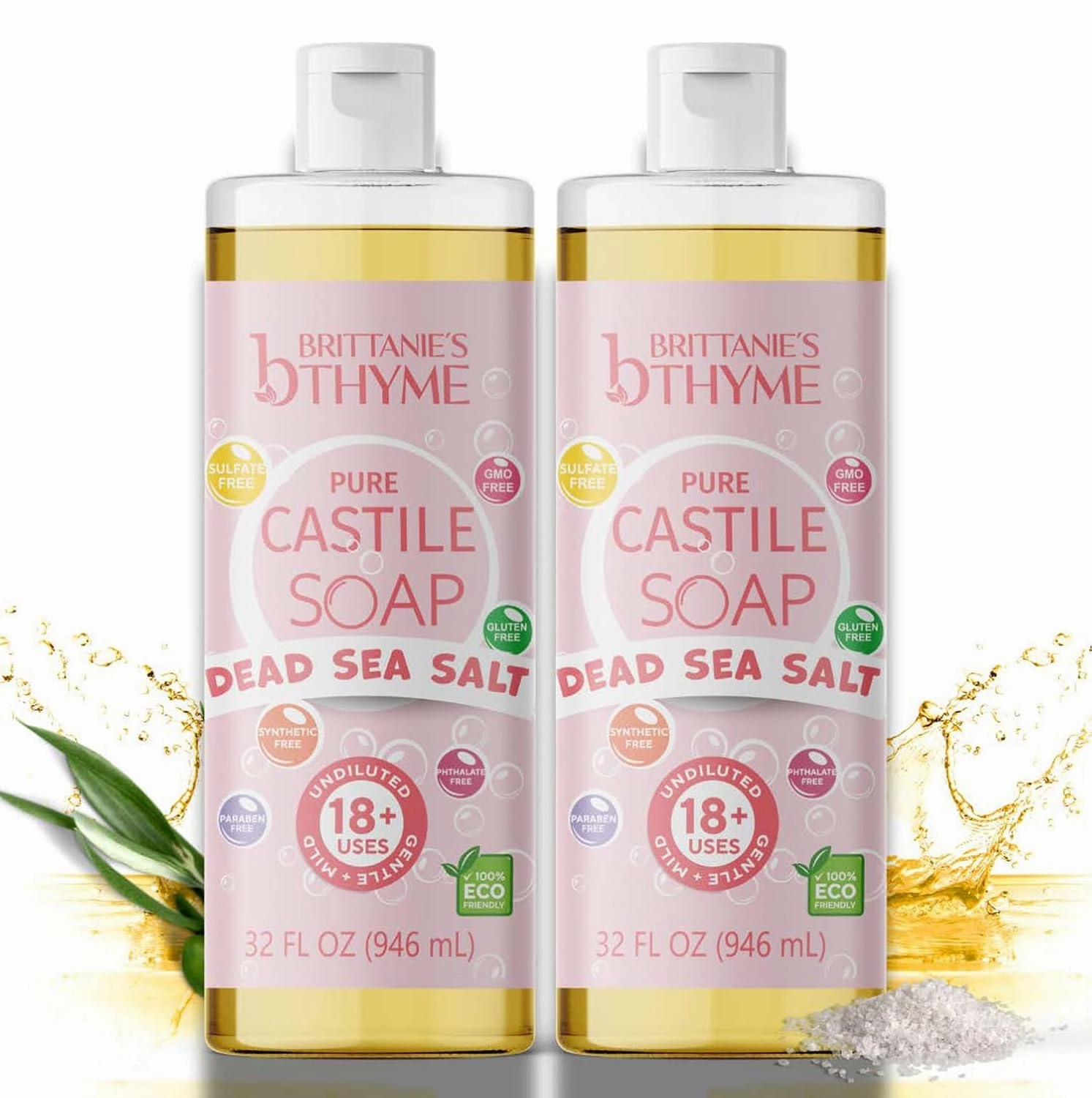 Brittanie’s Pure Castile Liquid Soap Refill, Dead Sea Salt, 32 Ounce Pack of 2 | Dish Soap, Hair & Body, Home, Gentle and Pure, Made with Natural Luxurious Oils, Vegan & Gluten Free Non-GMO