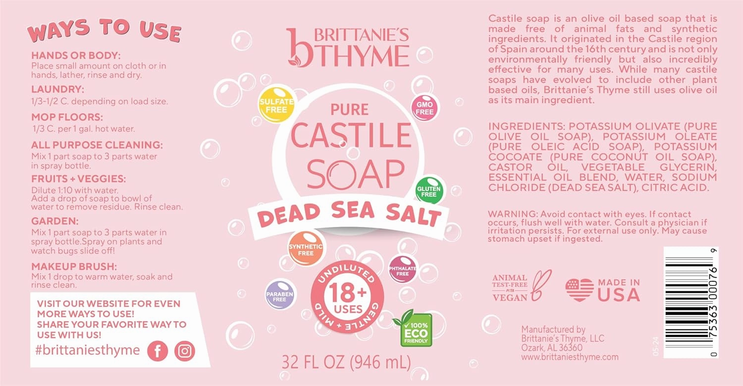 Brittanie’s Pure Castile Liquid Soap Refill, Dead Sea Salt, 32 Ounce Pack of 2 | Dish Soap, Hair & Body, Home, Gentle and Pure, Made with Natural Luxurious Oils, Vegan & Gluten Free Non-GMO