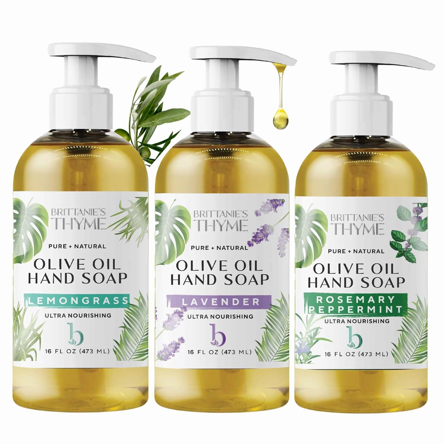 Brittanie’s Pure Castile Liquid Soap Refill, Lavender/Lemongrass/Rosemary, 16 Ounce Pack of 3 | Dish Soap, Hair & Body, Home, Gentle and Pure, Made with Natural Luxurious Oils, Vegan & Gluten Free