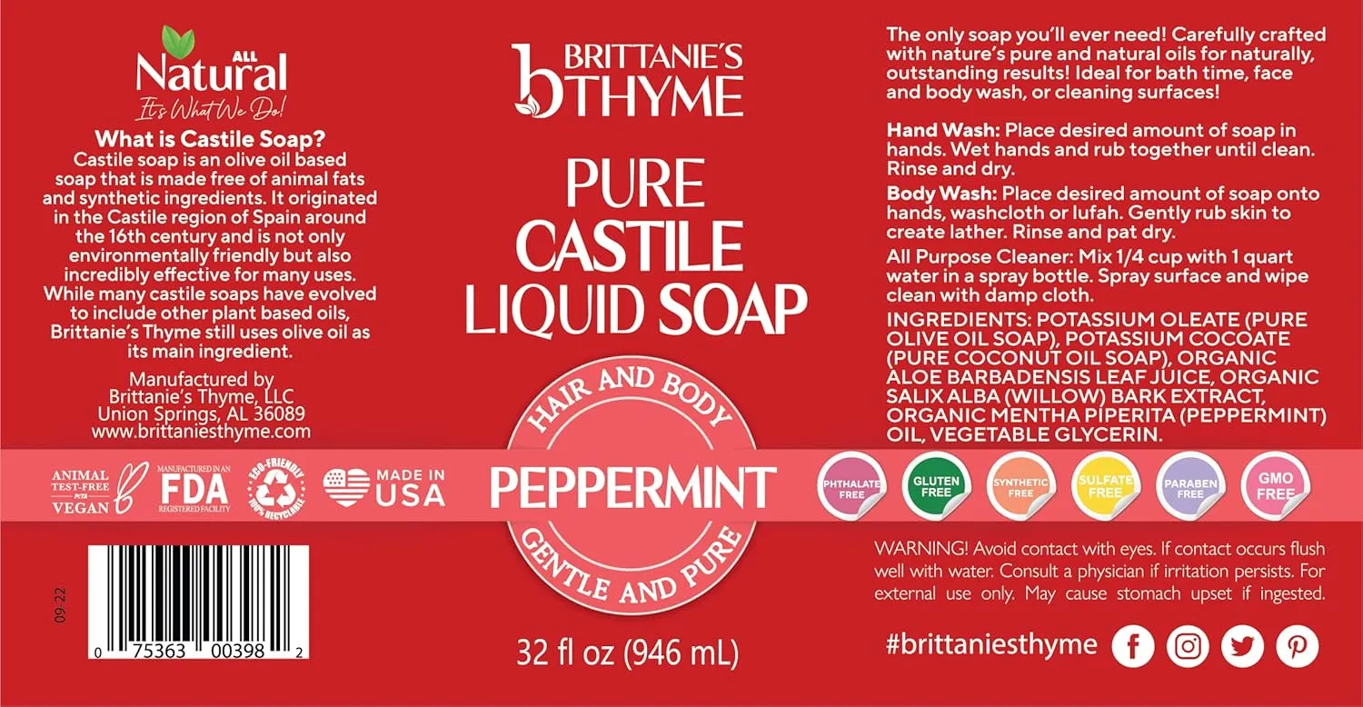 Brittanie’s Pure Castile Liquid Soap Refill, Peppermint, 32 Ounce | Dish Soap, Hair & Body, Home, Gentle and Pure, Made with Natural Luxurious Oils, Vegan & Gluten Free Non-GMO