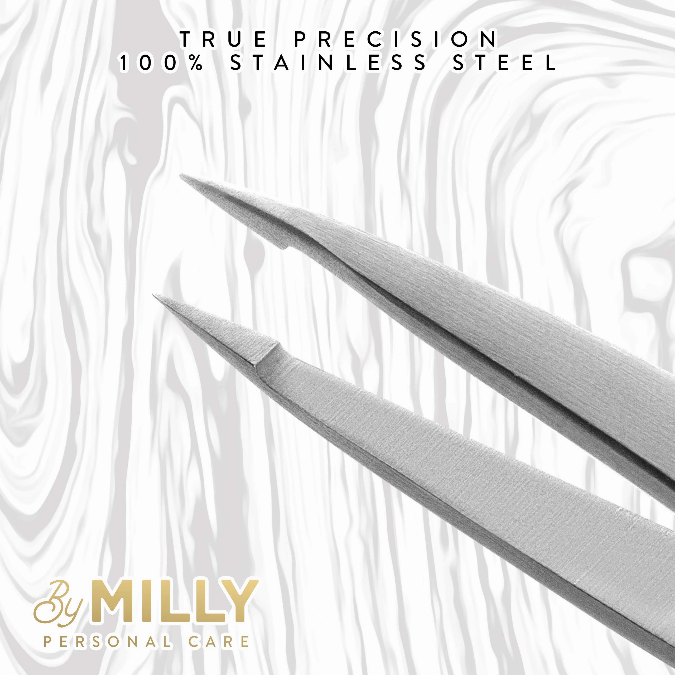 By MILLY Pointed Tweezers | High Carbon Stainless Steel Needle Nose | Fine Point Precision Hair Removal | Perfectly Aligned & Hand-Filed Sharp | Silver