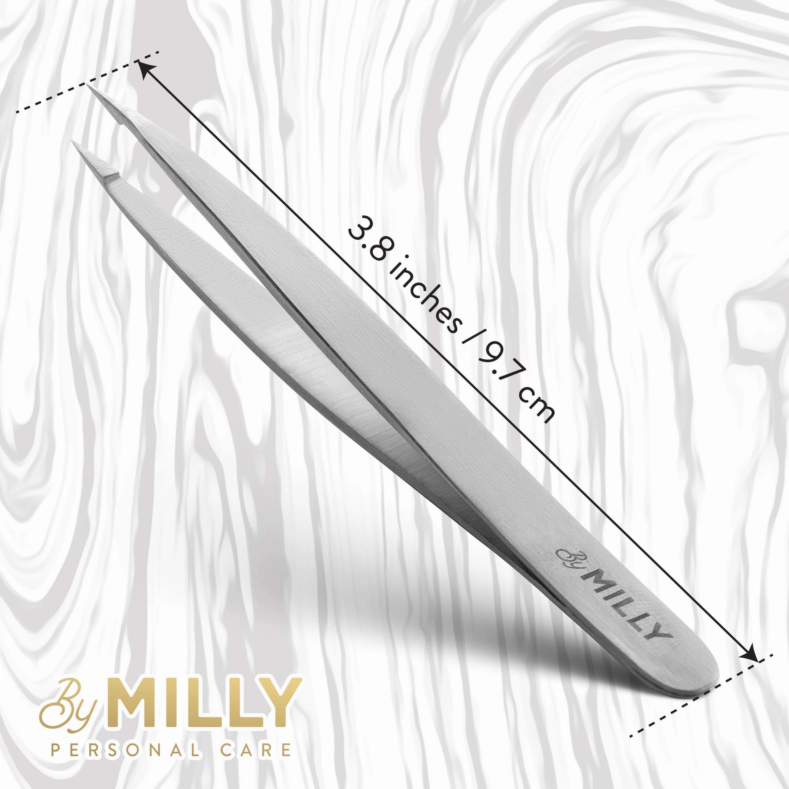 By MILLY Pointed Tweezers | High Carbon Stainless Steel Needle Nose | Fine Point Precision Hair Removal | Perfectly Aligned & Hand-Filed Sharp | Silver