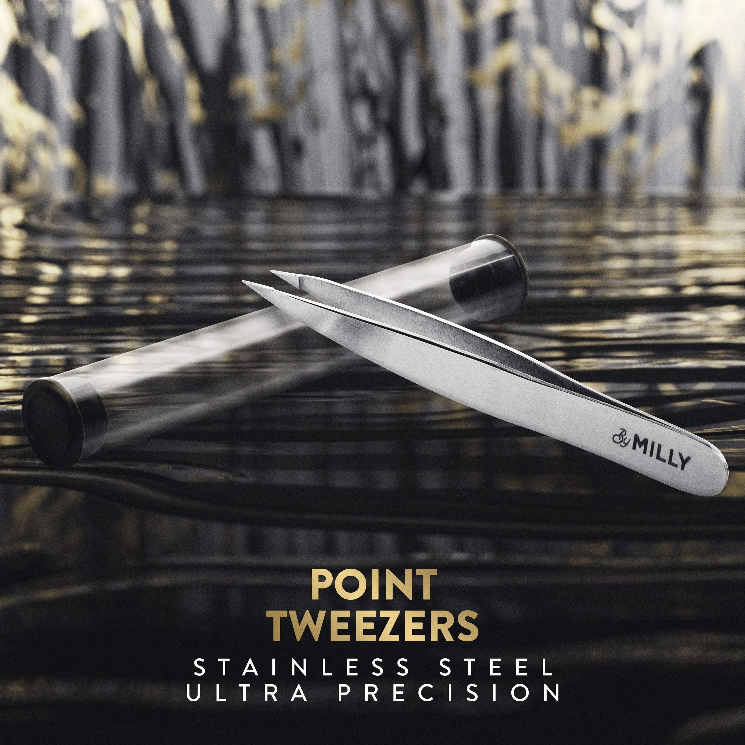 By MILLY Pointed Tweezers | High Carbon Stainless Steel Needle Nose | Fine Point Precision Hair Removal | Perfectly Aligned & Hand-Filed Sharp | Silver