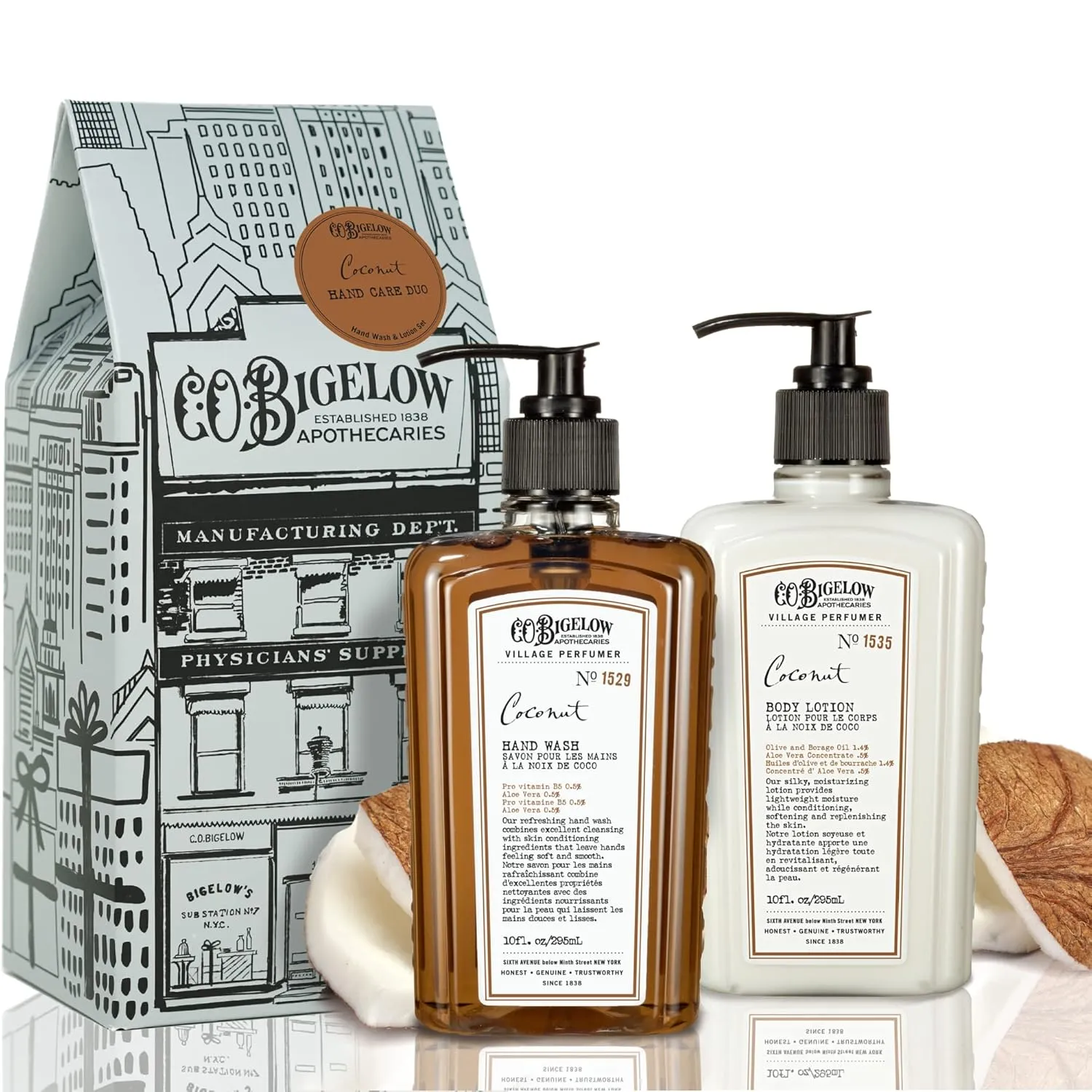 C.O. Bigelow Apothecary Duo - Coconut Hand Care, Hand Soap & Lotion Gift Set of Two - Skin Care for Dry Skin with Moisturizing Lotion & Liquid Hand Wash - 10fl oz Each