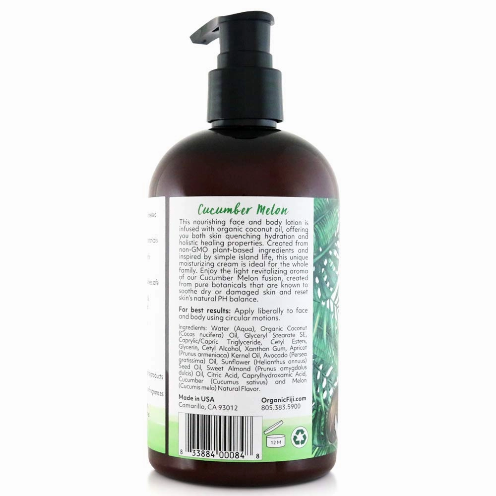 Coco Fiji Face & Body Lotion Infused With Coconut Oil | Lotion for Dry Skin | Moisturizer Face Cream & Massage Lotion for Women & Men | Cucumber Melon 12 oz, Pack of 1