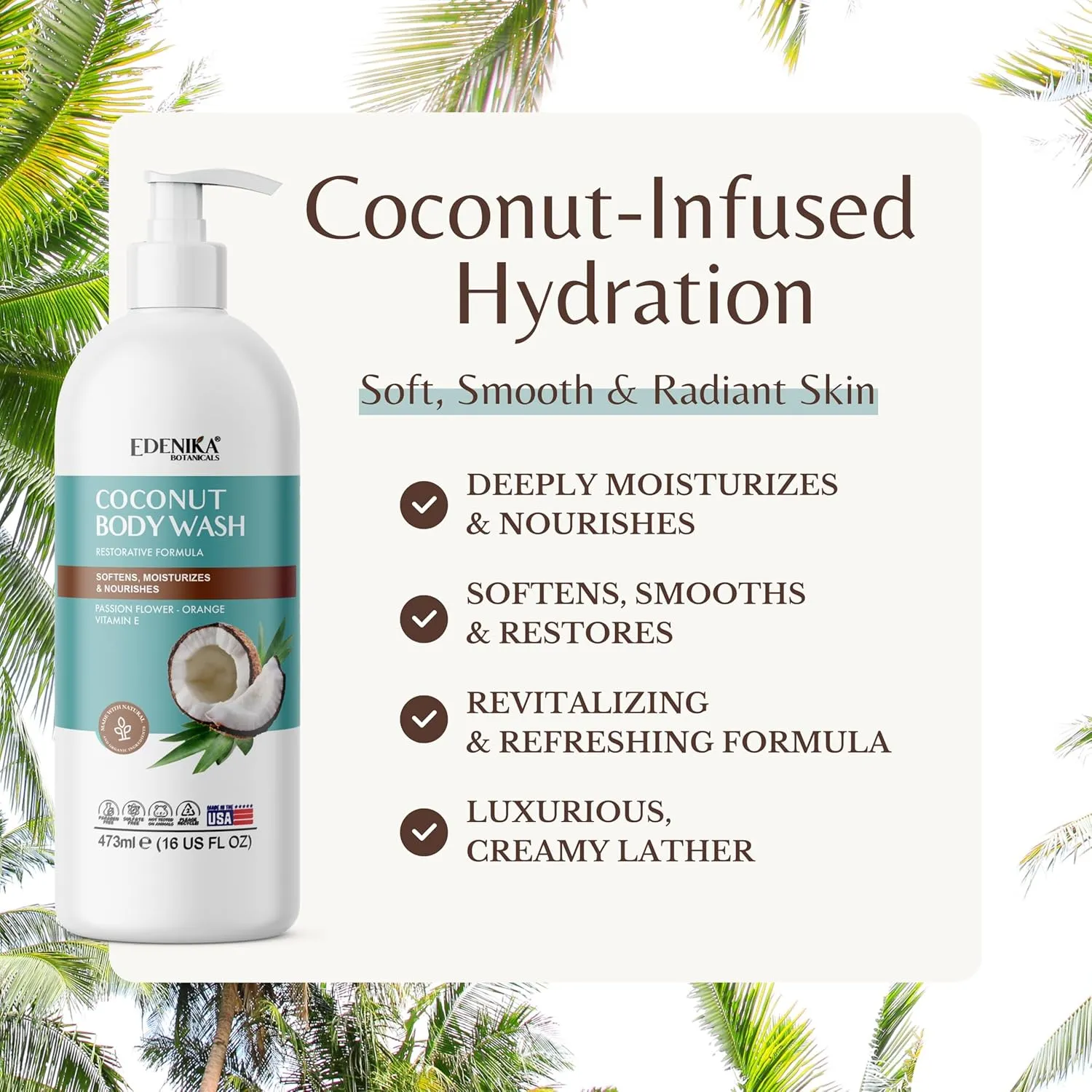 Coconut Moisturizing Body Wash with Vitamin E, Leaves Skin Feeling Soft, Hydrating & Nourishing, Natural Body Wash for All, Dry & Sensitive Skin, 16 fl oz (2 Pack)