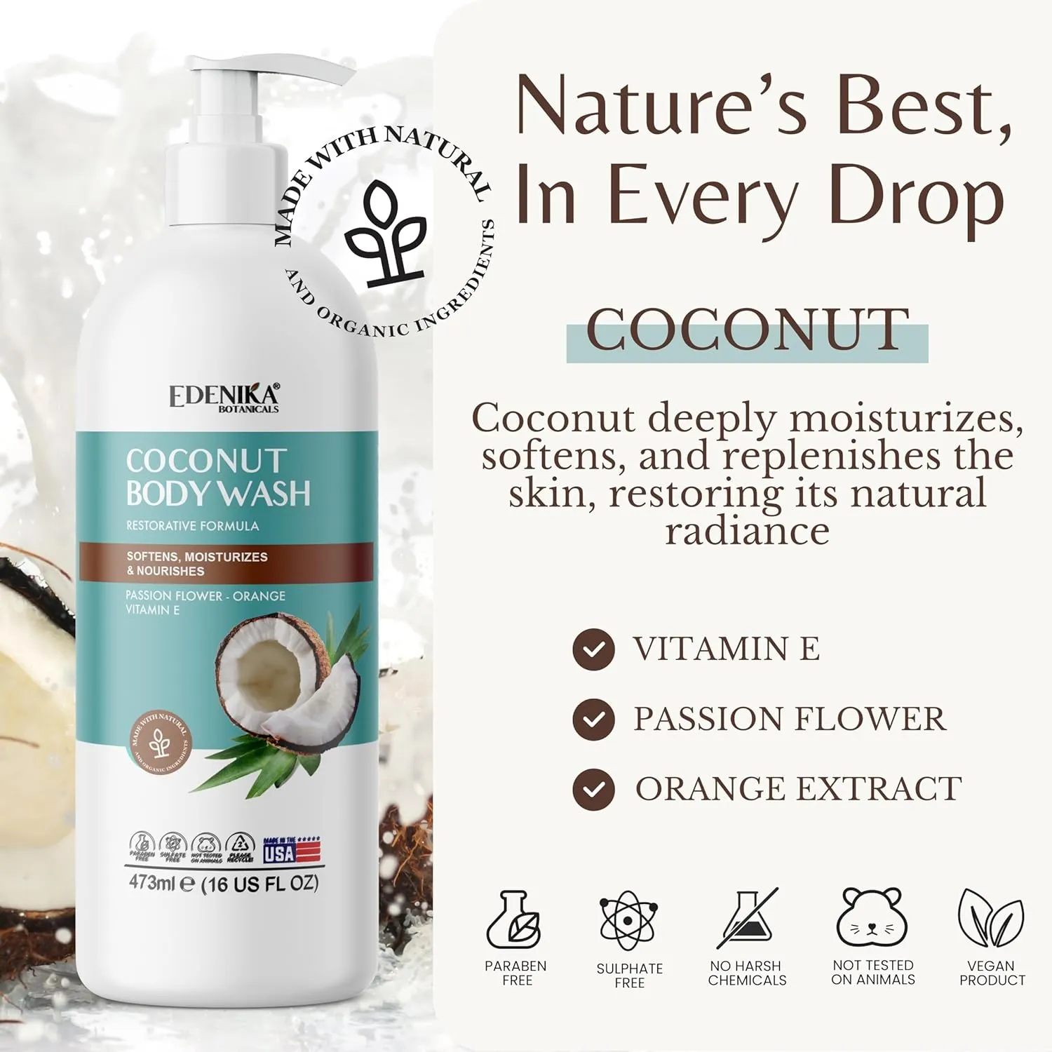 Coconut Moisturizing Body Wash with Vitamin E, Leaves Skin Feeling Soft, Hydrating & Nourishing, Natural Body Wash for All, Dry & Sensitive Skin, 16 fl oz (2 Pack)