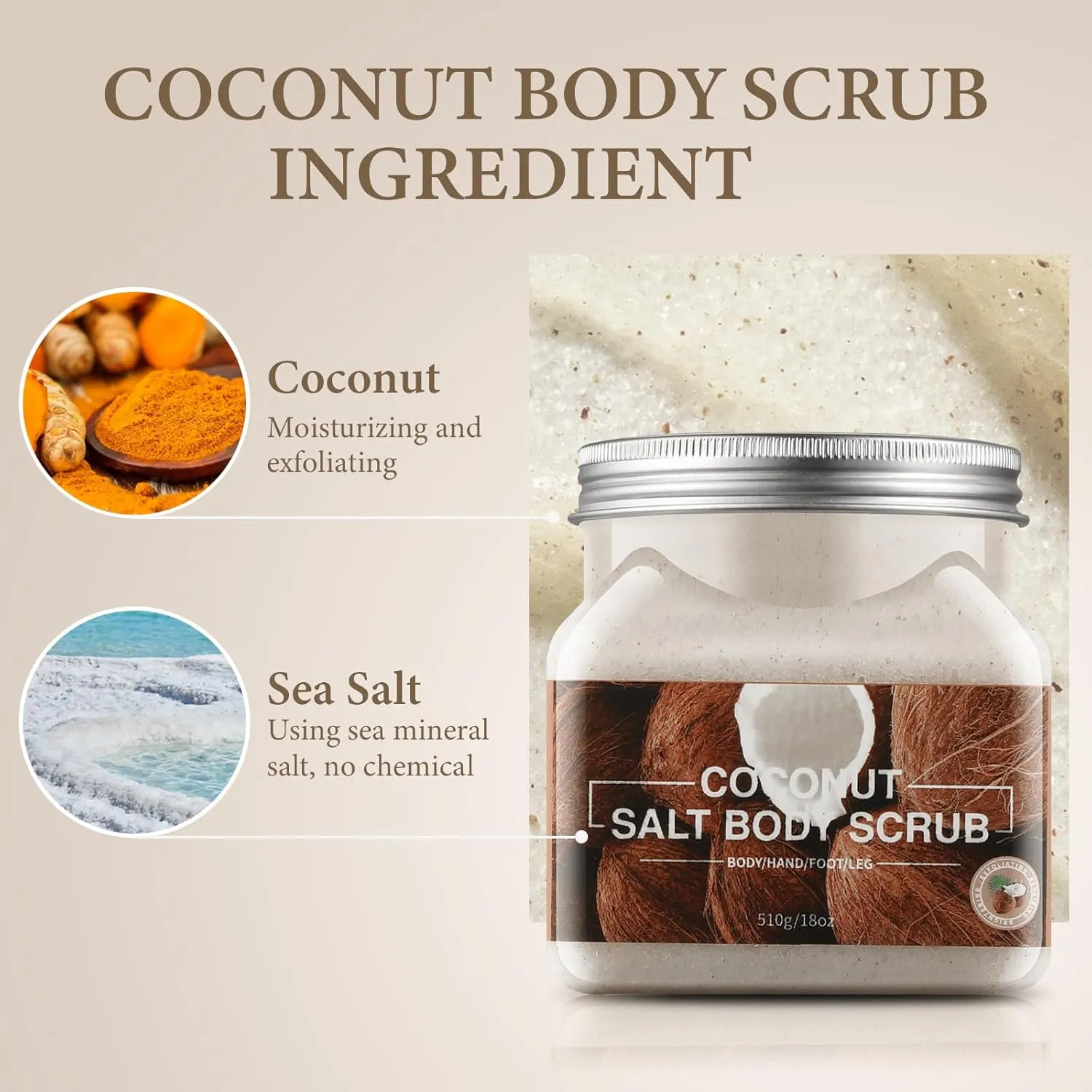 Coconut Salt Body Scrub for Women & Men (18 Oz), Exfoliating Scrub for Face, Body, Hand, Foot, Leg, Bath Scrubs Coconut Body Wash Scrub for Skincare Christmas Gifts