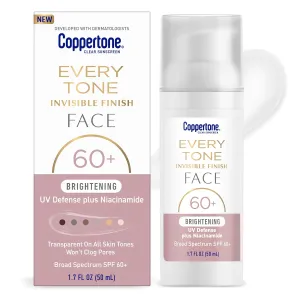Coppertone Every Tone Invisible Finish Brightening UV Defense Face Sunscreen SPF 60  with Niacinamide, Skin Care Gifts for Mom, Lightweight, Clear Sunscreen for All Skin Tones, 1.7 Fl Oz Pump Bottle