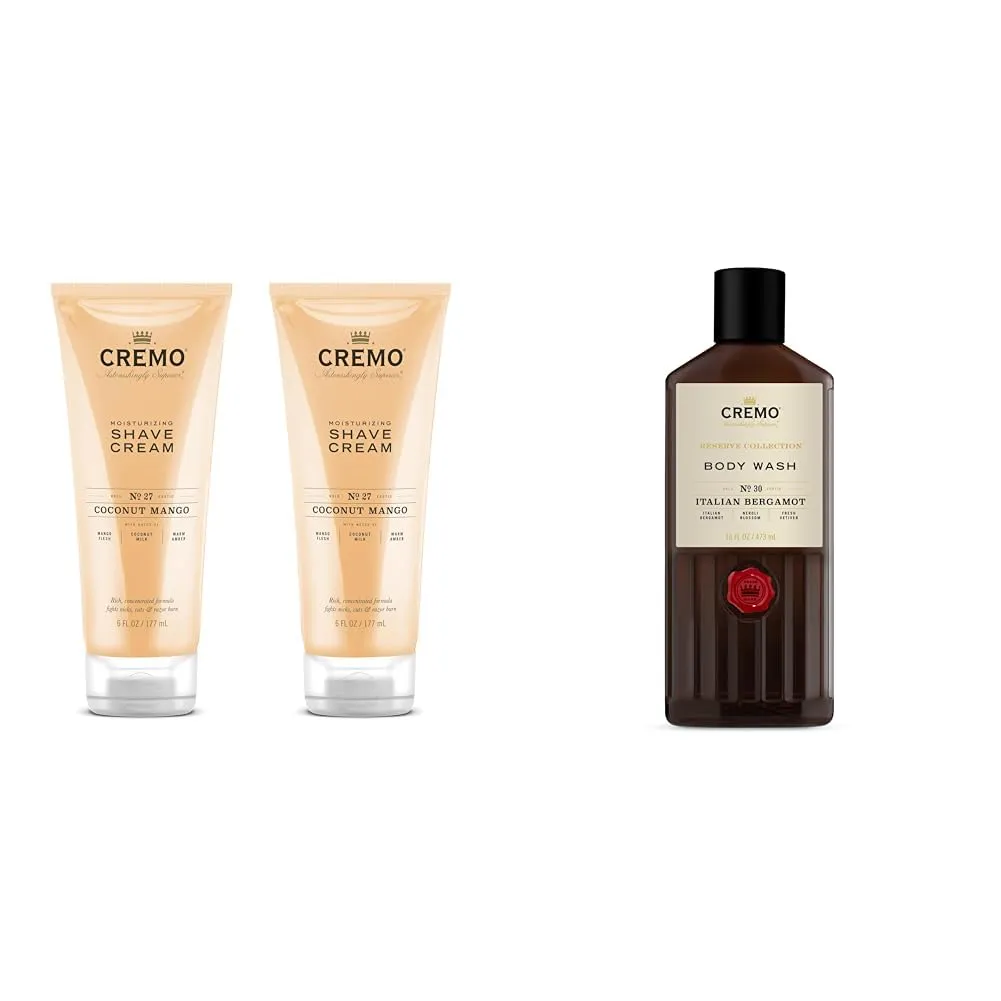 Cremo Coconut Mango Shave Cream for Women 2-Pack and Italian Bergamot Body Wash for Men 16 oz
