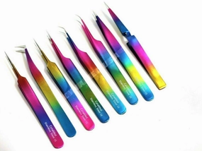 Cynamed -Set of 8 pcs High Precision Multi Rainbow Color German Stainless Steel 3D 5D 6D Volume False Eyelash Extension Tweezers