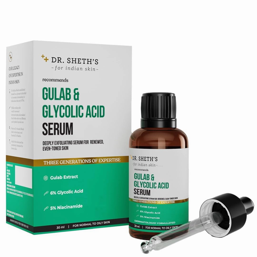 D r S h e t h ' s G ul a b & 6% Glycolic Acid & 5% Niacinamide Instant Brightening Face Serum | Improves Skin Texture & Uneven Skin | Normal to Oily Skin | Sensitive Skin | 30ml