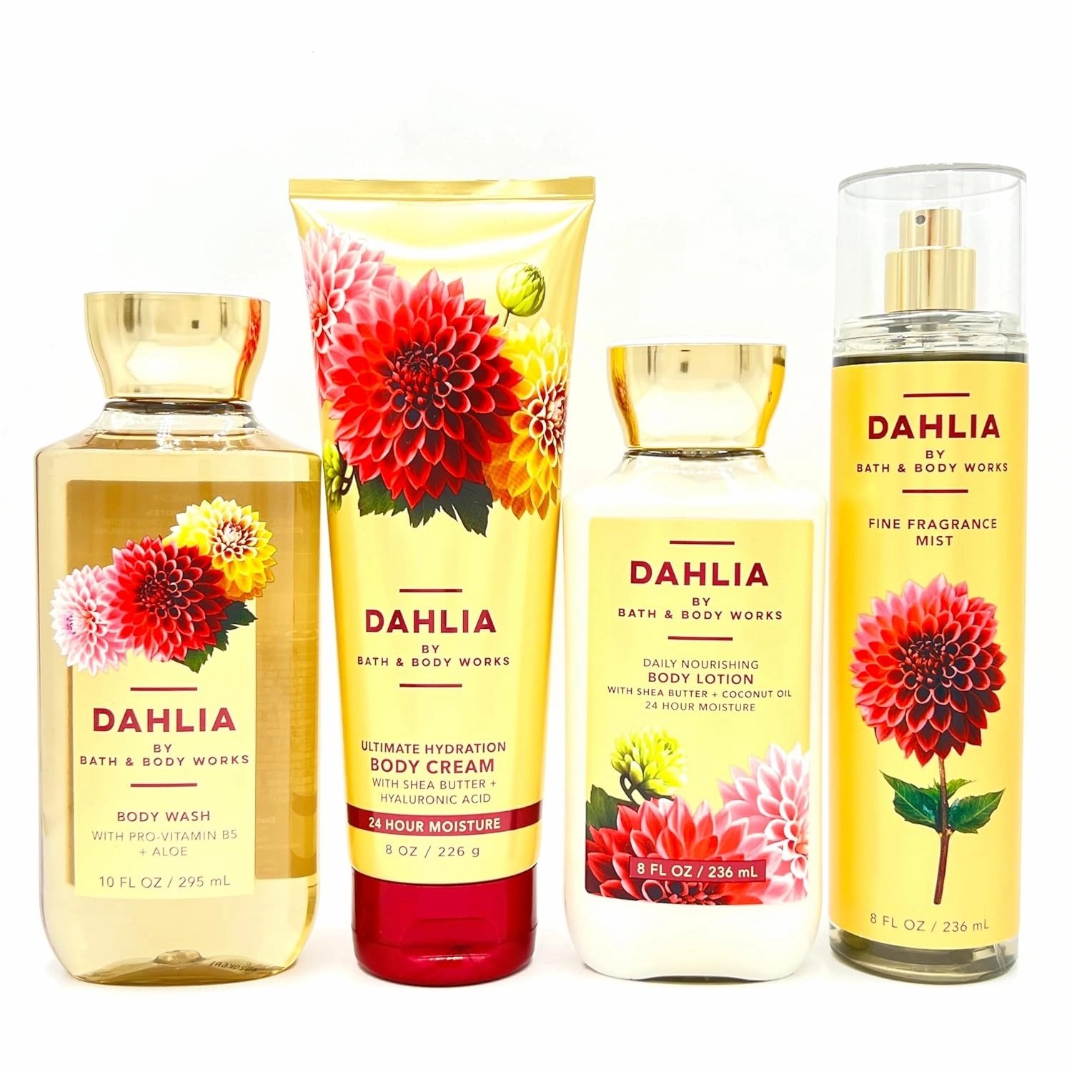Dahlia Bath & Body 4-Piece Bundle | Body Wash, Ultimate Hydration Body Cream, Daily Nourishing Body Lotion and Fine Fragrance Mist